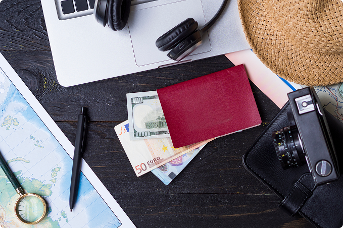 flat lay with traveling accessories